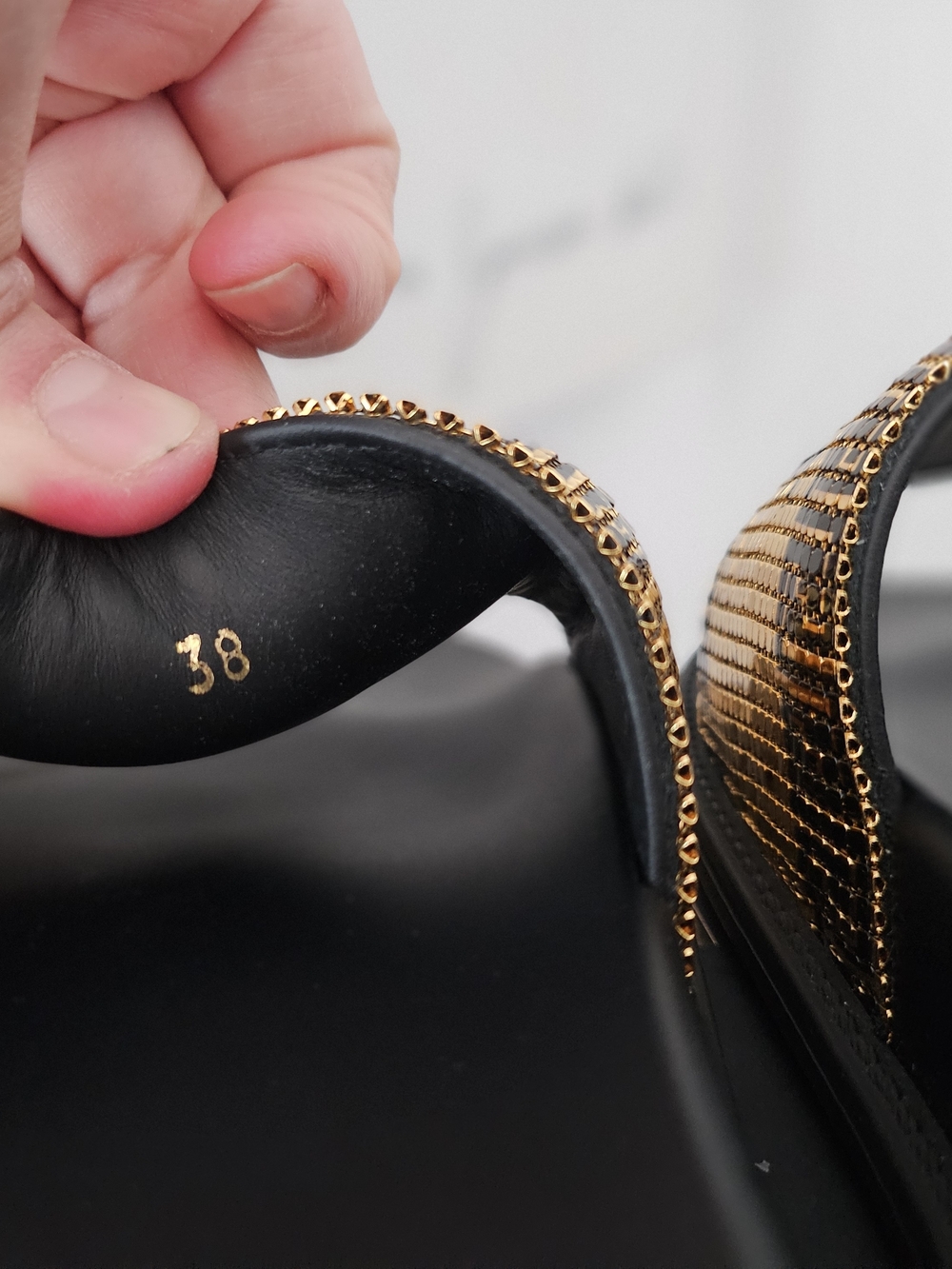 Black Sandals with Gold Chain Trim - Size 38